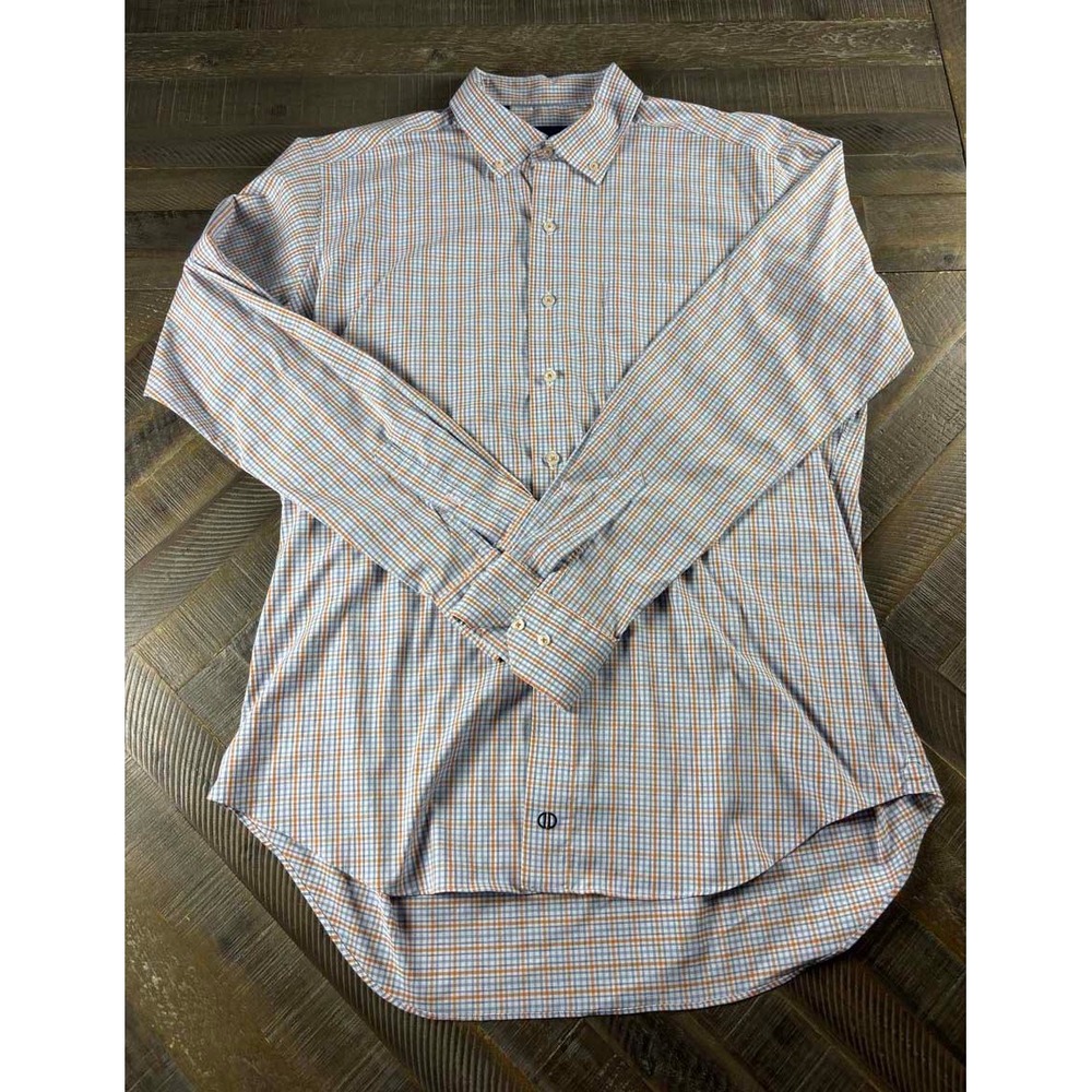David Donahue Performance Dress Shirt Mens XL Blue Orange Check Long Sleeve